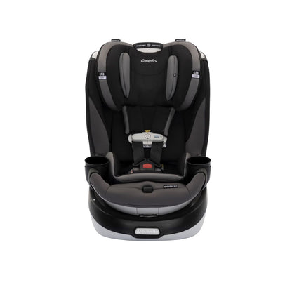 Evenflo Black and gray car seat with cup holders on a white background