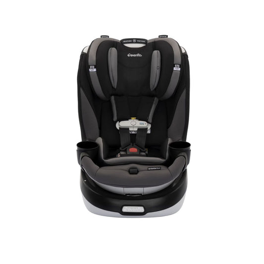 Evenflo Black and gray car seat with cup holders on a white background