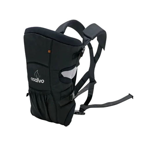 Black baby carrier with 'asalvo' logo on a white background