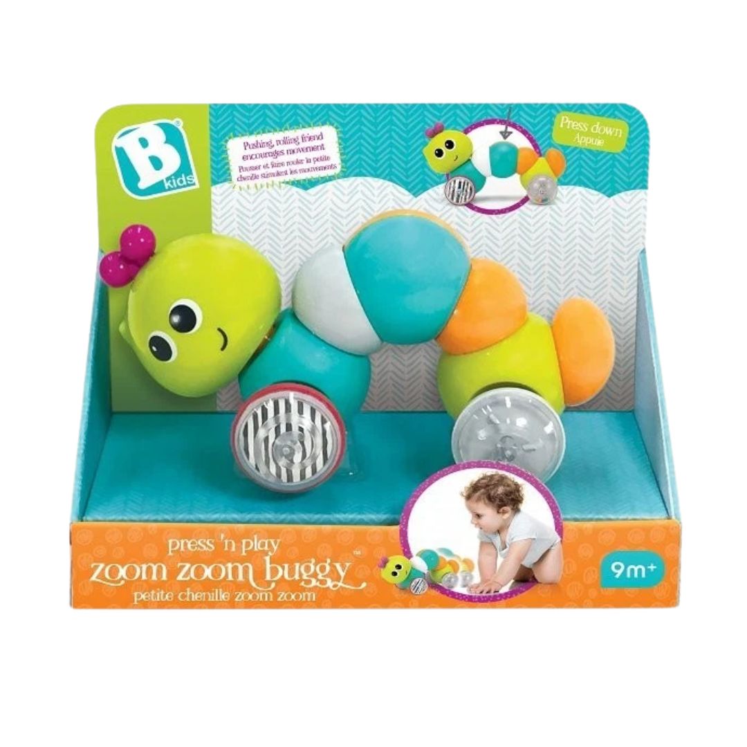 Infantino Bkids Zoom Zoom Buggy toy packaging with colorful caterpillar design on a white background