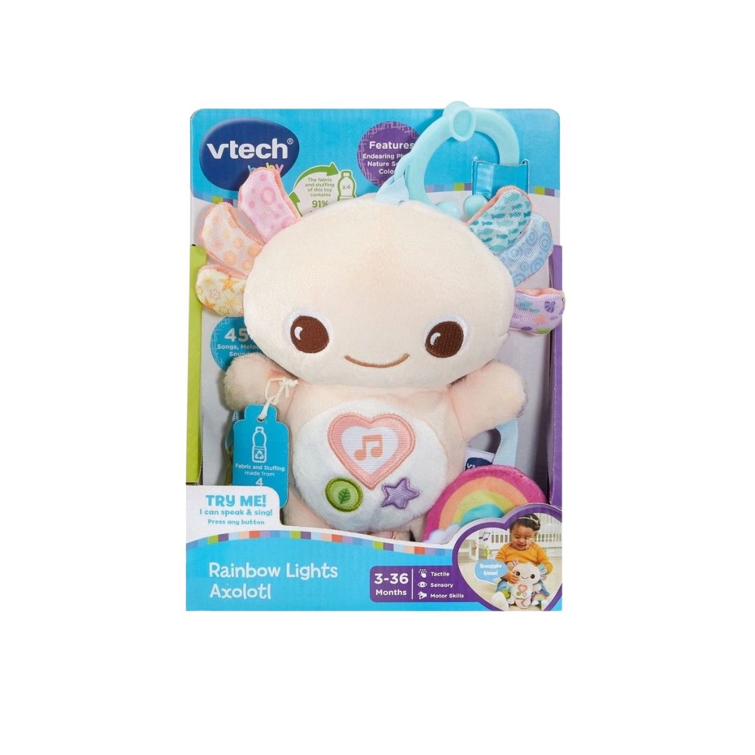 Vtech Rainbow Lights Axolotl toy in packaging on a white background