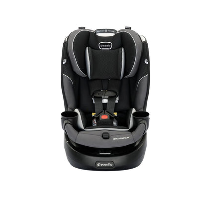 Black and gray car seat with Evenflo branding on a white background