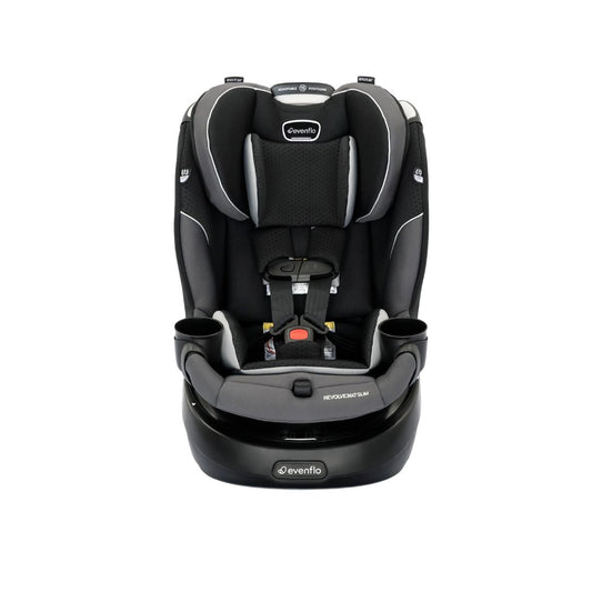 Black and gray car seat with Evenflo branding on a white background