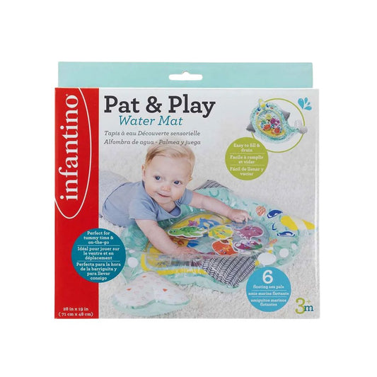 Package of Infantino Pat & Play Water Mat with a baby on a white background