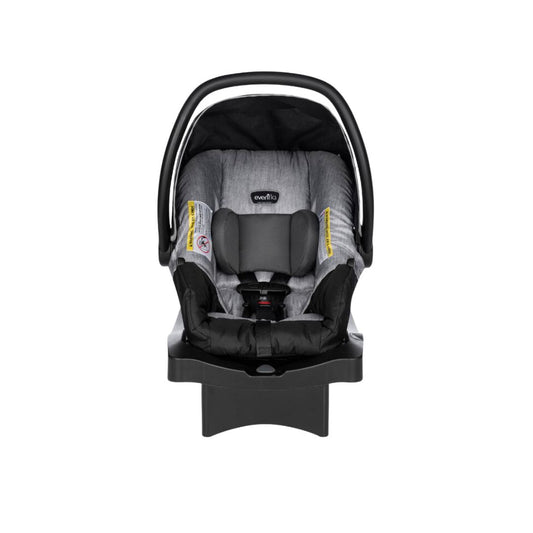 Gray and black Evenflo baby car seat on a white background