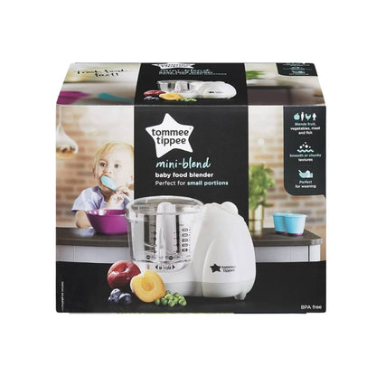 Tommee Tippee mini-blend baby food blender packaging on a white background