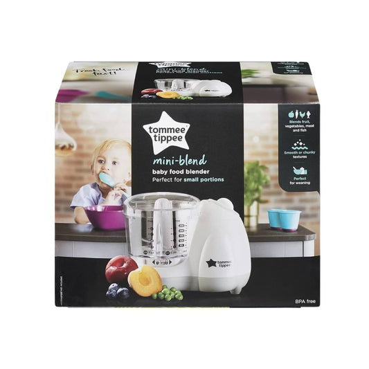 Tommee Tippee mini-blend baby food blender packaging on a white background