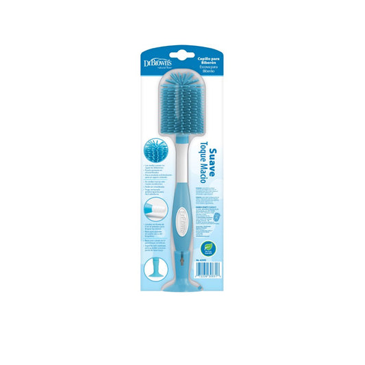 Dr Brown's Blue and white toothbrush with packaging on a white background