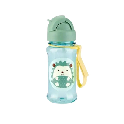 A light blue transparent Skip Hop water bottle with a mint green flip-top lid, a yellow carrying strap, and a cartoon hedgehog graphic on the front.