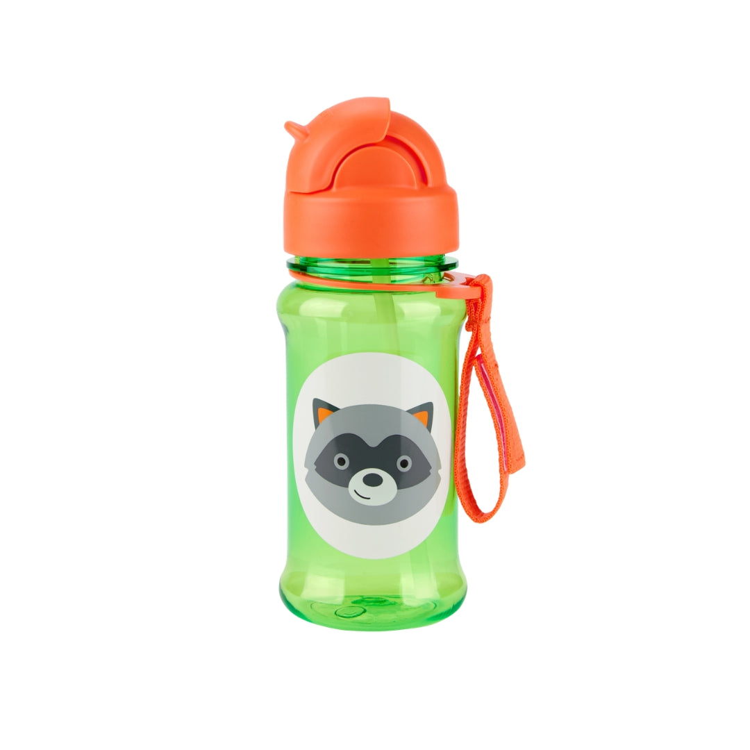 A green translucent Skip hop plastic water bottle with an orange flip-top lid and an attached orange loop strap. The bottle features a cartoon raccoon face printed on a white oval on the front.