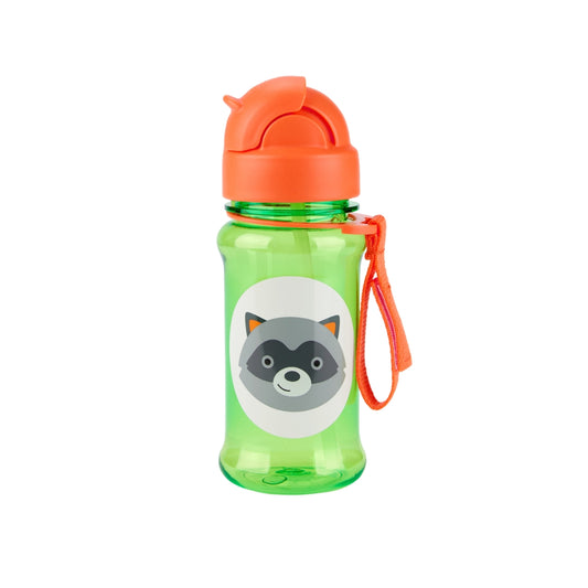 A green translucent Skip hop plastic water bottle with an orange flip-top lid and an attached orange loop strap. The bottle features a cartoon raccoon face printed on a white oval on the front.
