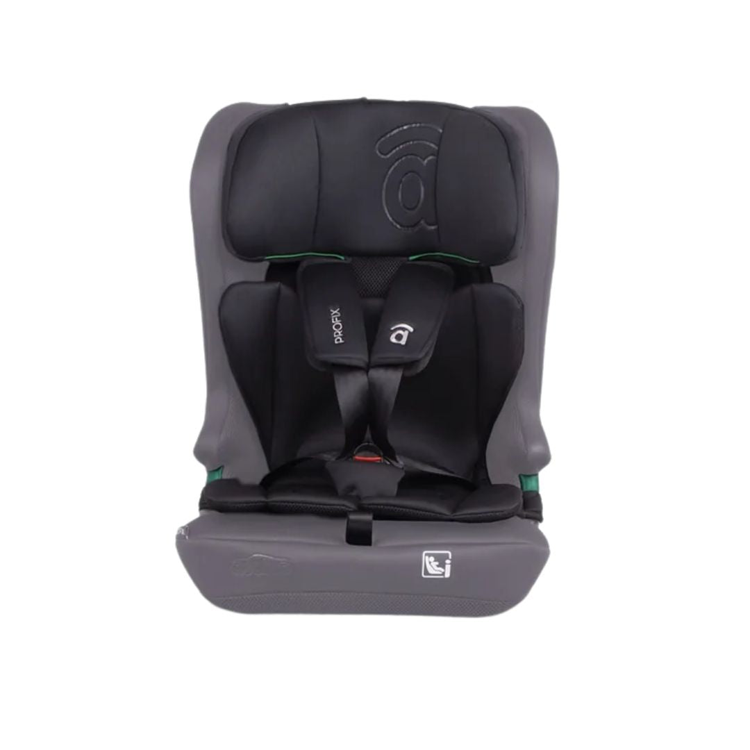 Gray car seat with Asalvo logo on a white background