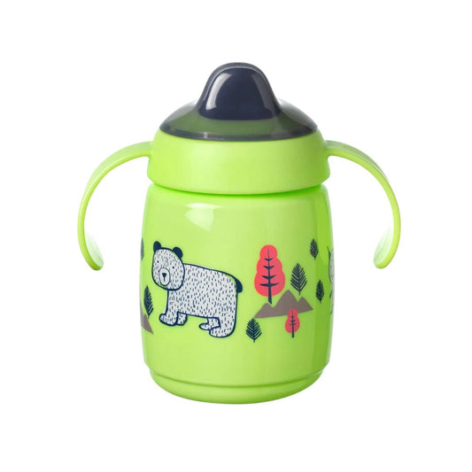 Tommee Tippee Green sippy cup with a bear and nature design on a white background