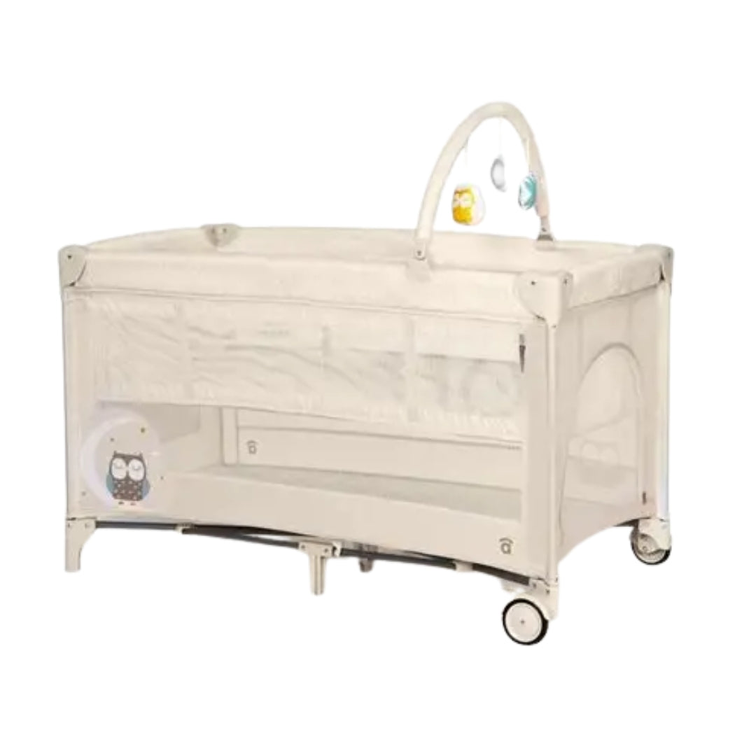 Asalvo Beige baby crib with toys on a white background