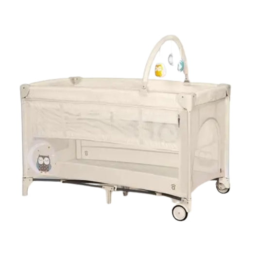 Asalvo Beige baby crib with toys on a white background