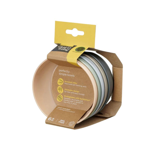 Set of children's bowls in packaging with Vital Baby brand label on a white background