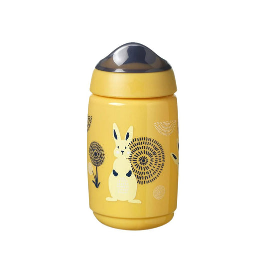 Yellow thermos bottle with a rabbit design on a white background