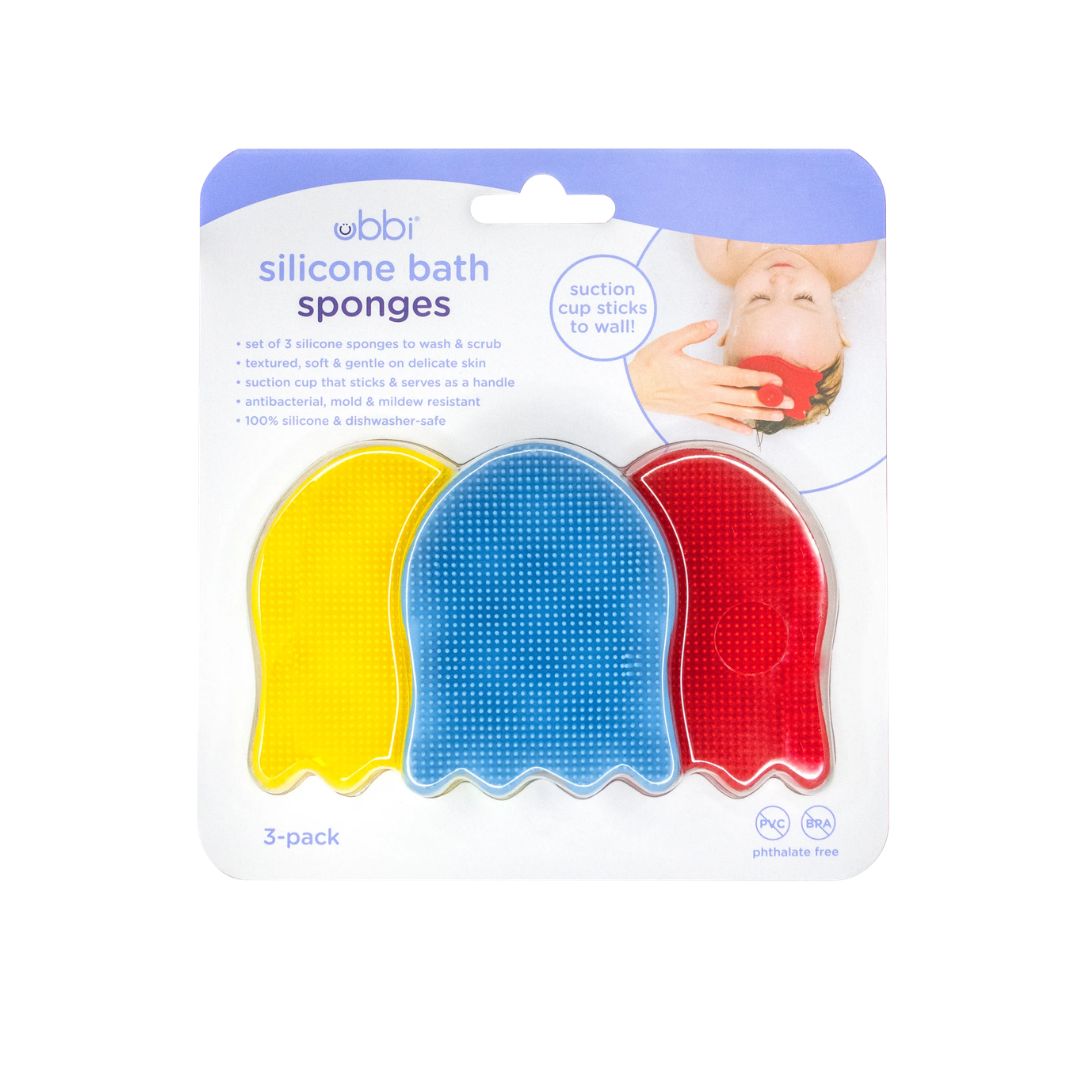 Packaging of three silicone bath sponges in yellow, blue, and red with a child using the sponges.