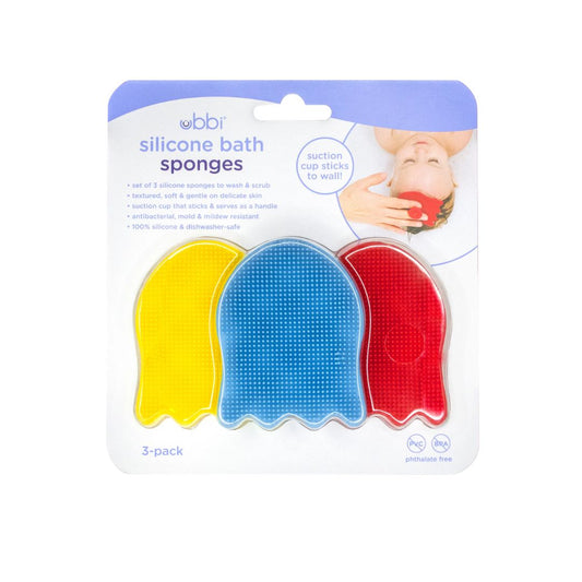 Packaging of three silicone bath sponges in yellow, blue, and red with a child using the sponges.