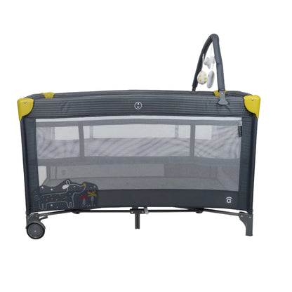 |Asalvo Black baby crib with yellow accents on a white background