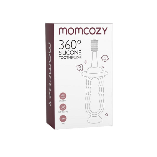 Momcozy 360° silicone toothbrush packaging on a white background