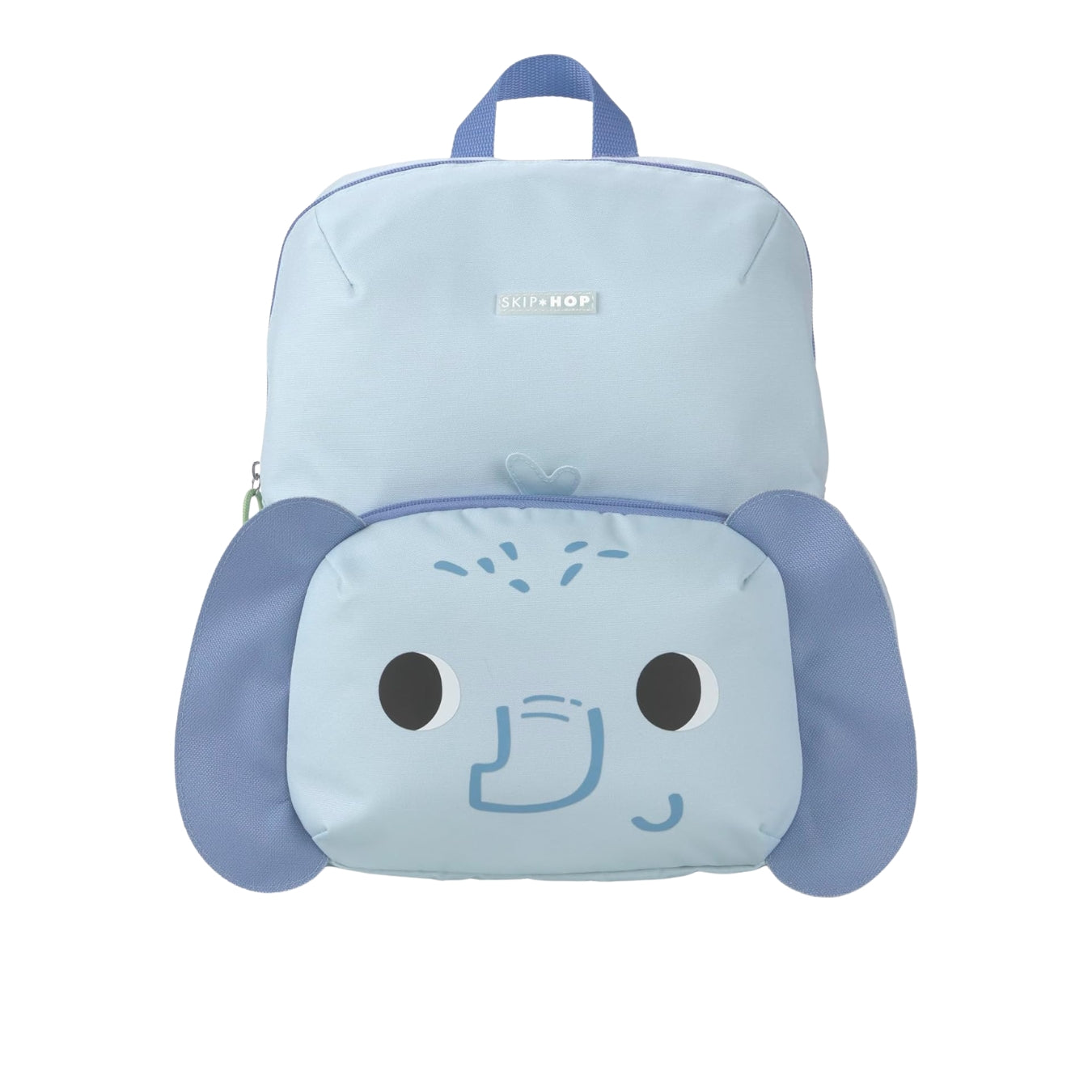 A light blue and periwinkle blue backpack designed like a cartoon dog face, featuring floppy ears, large black eyes, and a blue snout on the front pocket. The brand name 'Skip Hop' is visible on a small silver label on the upper front.