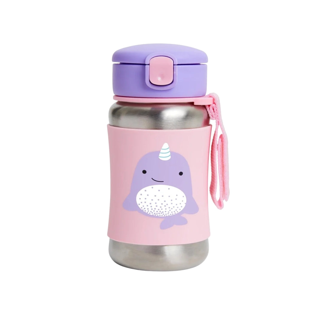A Skip Hopstainless steel water bottle with a pink sleeve featuring a cute purple narwhal illustration, a purple lid, and a pink carrying strap, shown on a plain white background.