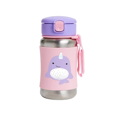 A Skip Hopstainless steel water bottle with a pink sleeve featuring a cute purple narwhal illustration, a purple lid, and a pink carrying strap, shown on a plain white background.