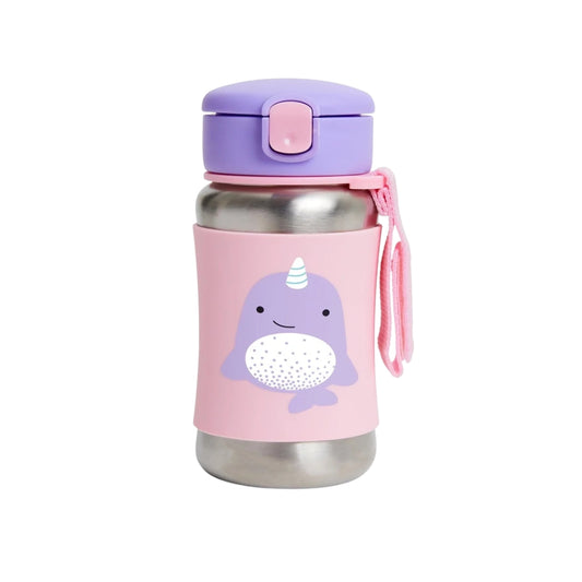 A Skip Hopstainless steel water bottle with a pink sleeve featuring a cute purple narwhal illustration, a purple lid, and a pink carrying strap, shown on a plain white background.