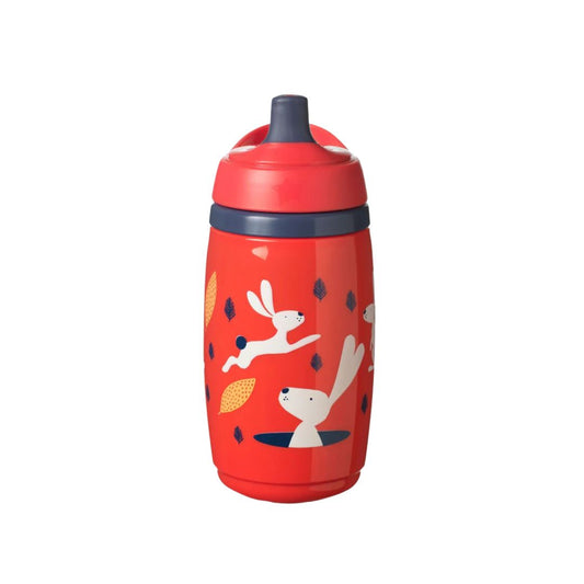 Red children's sippy cup with animal illustrations on a white background
