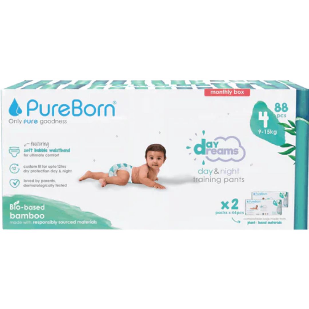 Box of PureBorn day&dreams training pants with a baby on the packaging.