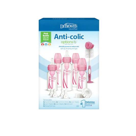 Dr. Brown's Anti-colic bottle set packaging with pink bottles and cleaning brush on a white background