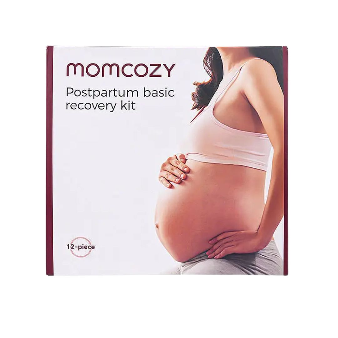 Momcozy postpartum basic recovery kit packaging with a pregnant woman on a white background