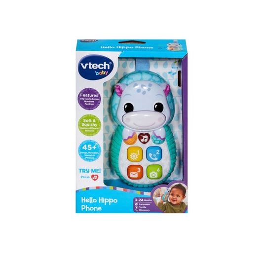 Vtech Hello Hippo Phone toy packaging on a white background