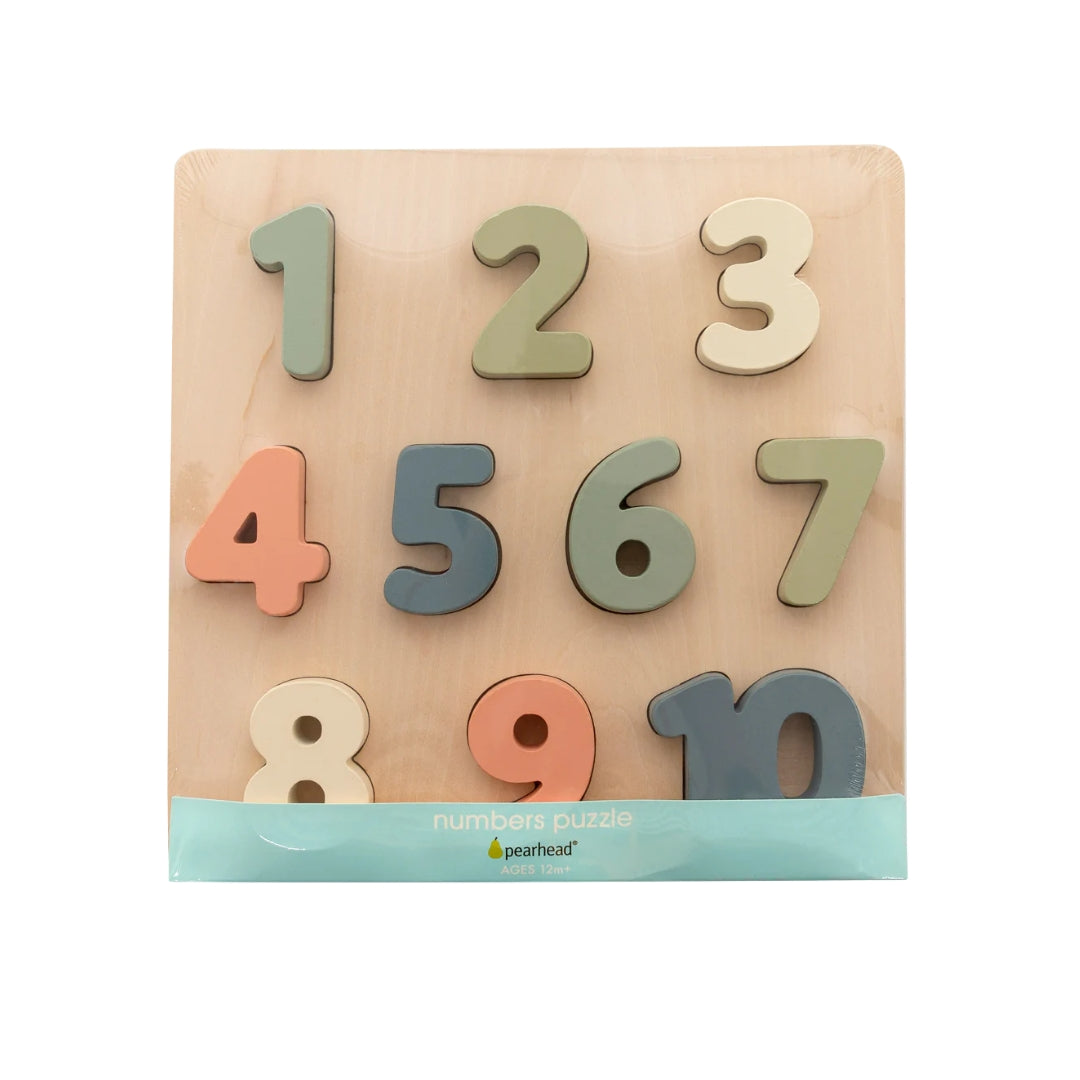 Pearhead Wooden number puzzle with colorful numbers on a beige background