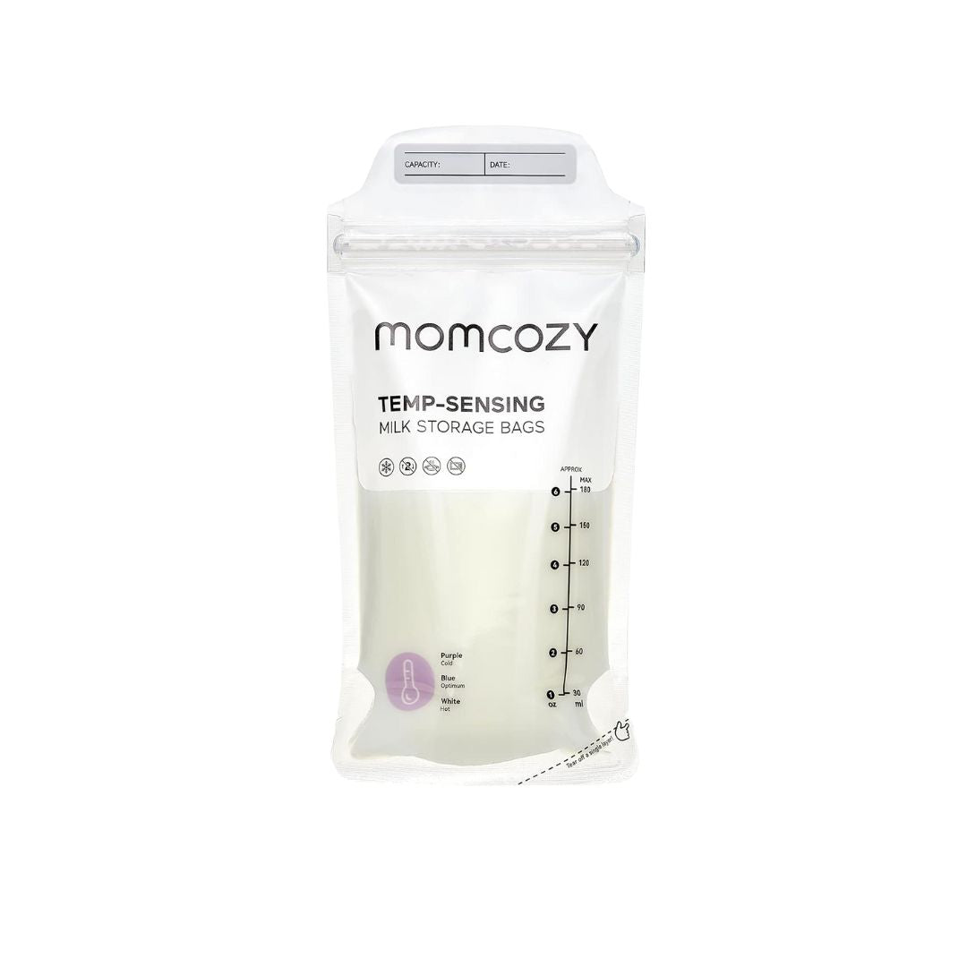 Momcozy temp-sensing milk storage bags on a white background