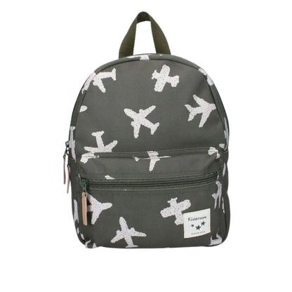 Gray backpack with airplane pattern on a white background