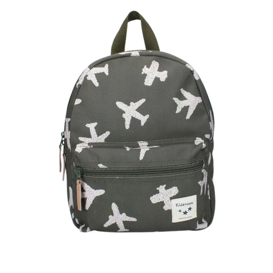 Gray backpack with airplane pattern on a white background