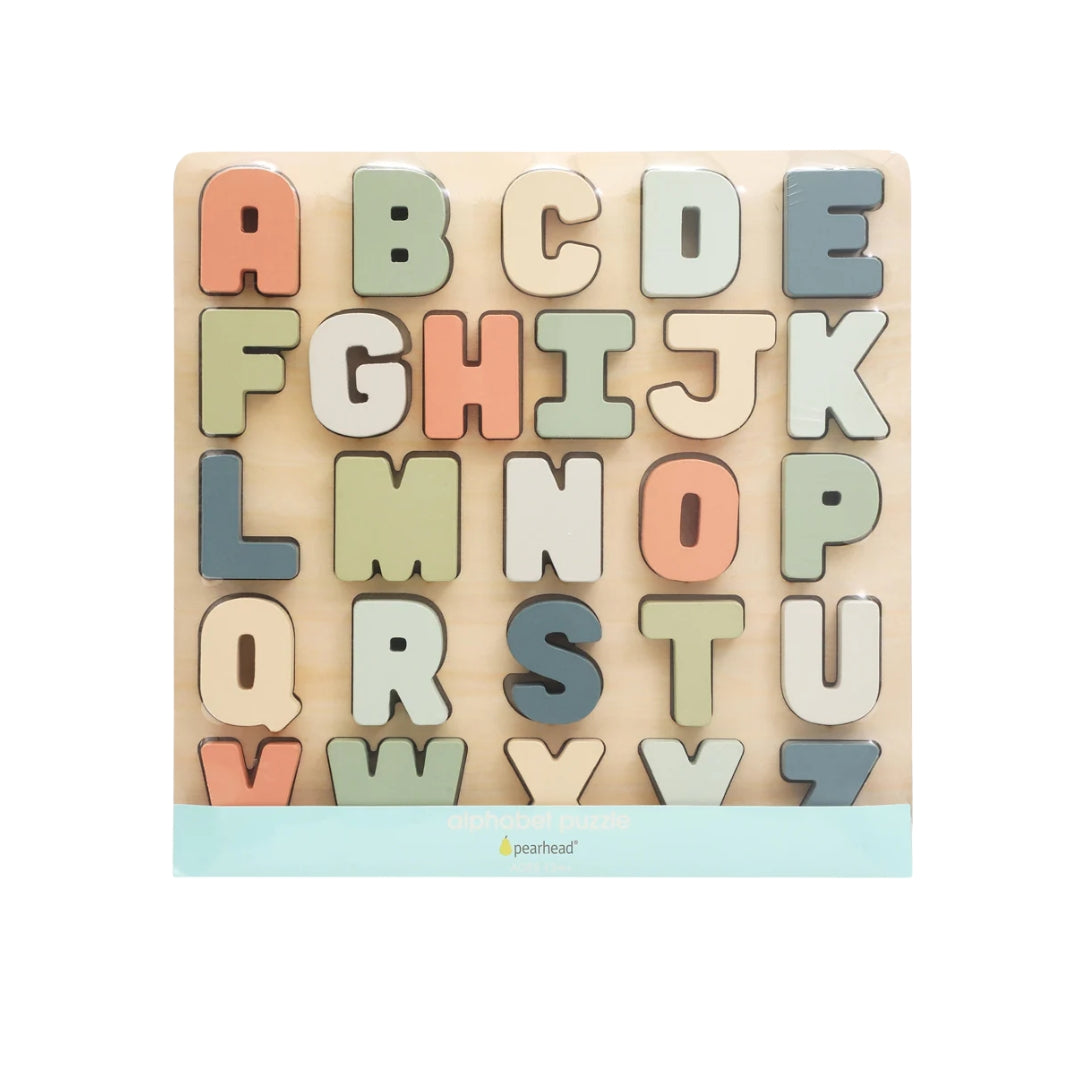 Pearhead Set of colorful wooden letters on a beige background
