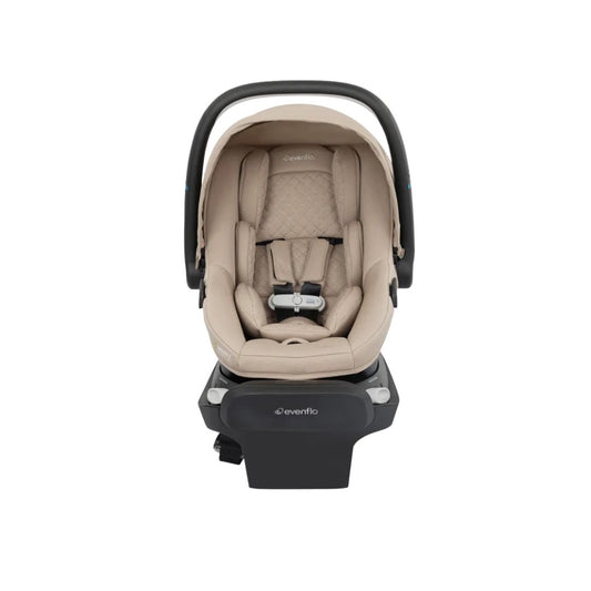 Evenflo Beige baby car seat with black frame on a white background