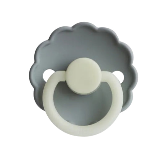 Frigg Gray pacifier with a white ring on a white background