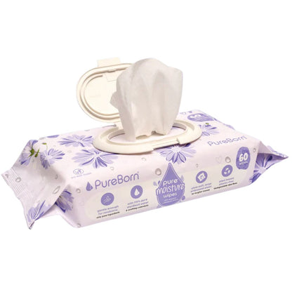 PureBorn baby wipes with a tissue pulled out on a white background