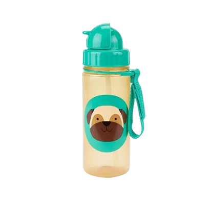 A translucent amber Skip Hop plastic water bottle with a teal flip-top lid and carrying strap, featuring a cartoon pug dog face graphic on the front.
