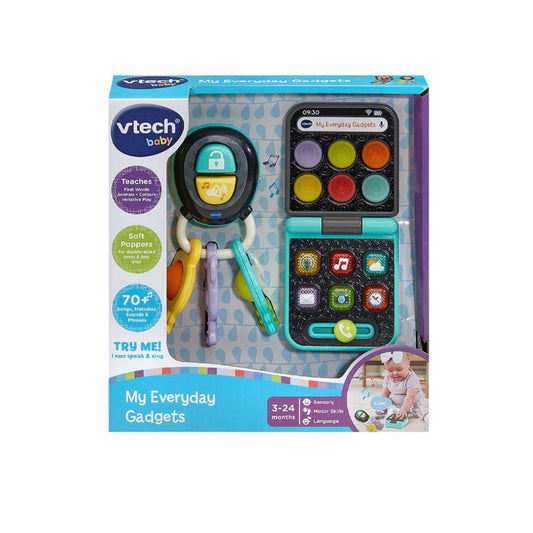 Vtech toy packaging with colorful gadget toys on a white background
