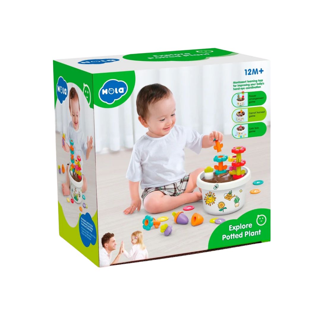 Box of a children's toy set with a baby playing with it, featuring the Hola brand.