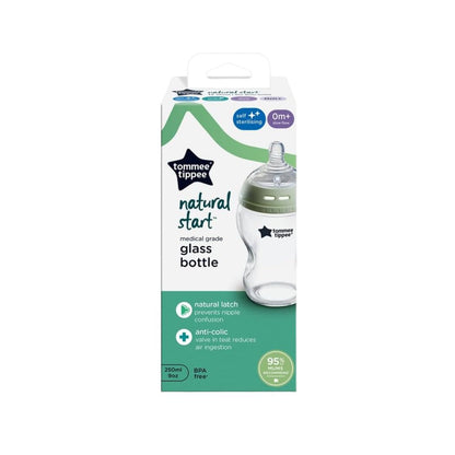 Tommee Tippee natural start glass bottle packaging on a white background