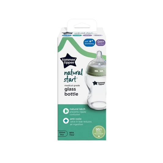 Tommee Tippee natural start glass bottle packaging on a white background