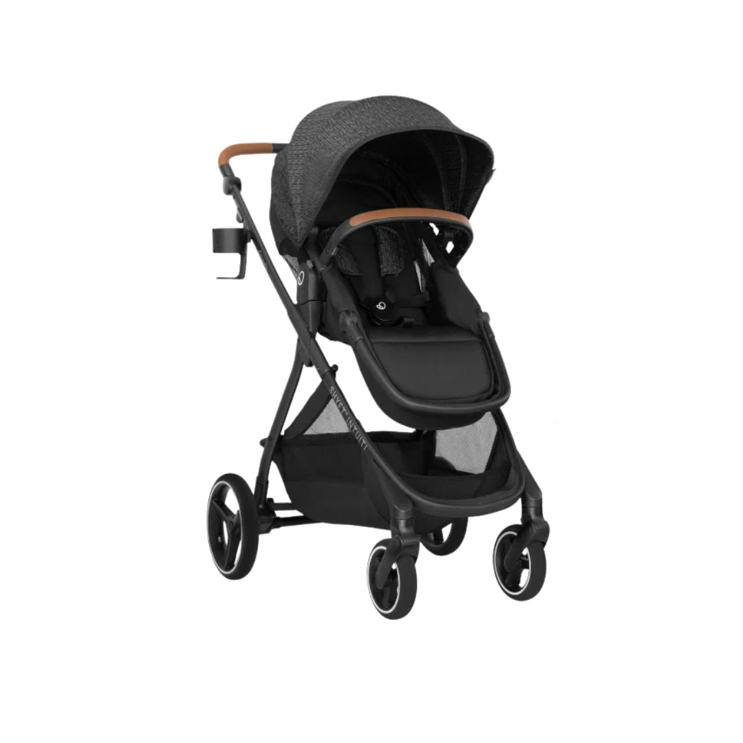 Evenflo ack stroller with brown accents on a white background