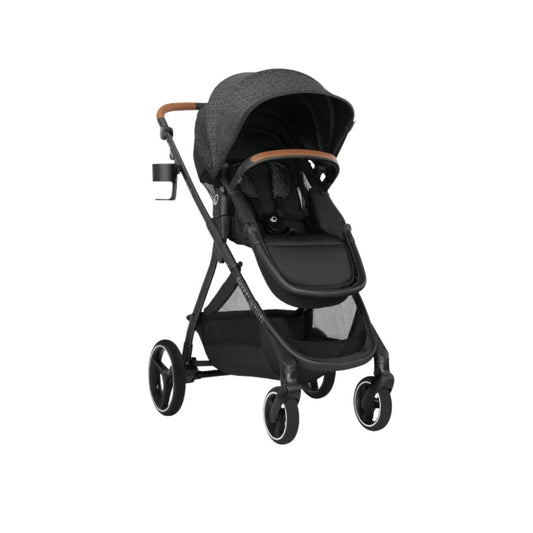 Evenflo ack stroller with brown accents on a white background