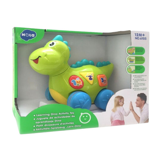 Hola Green dinosaur toy in packaging with Nola branding